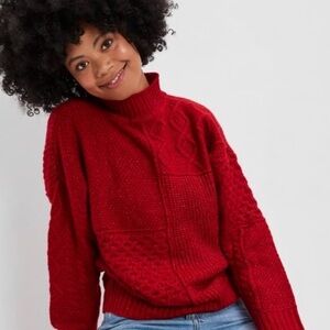 American Eagle Red Patchwork Cable Knit Mock Neck Sweater NWT XS